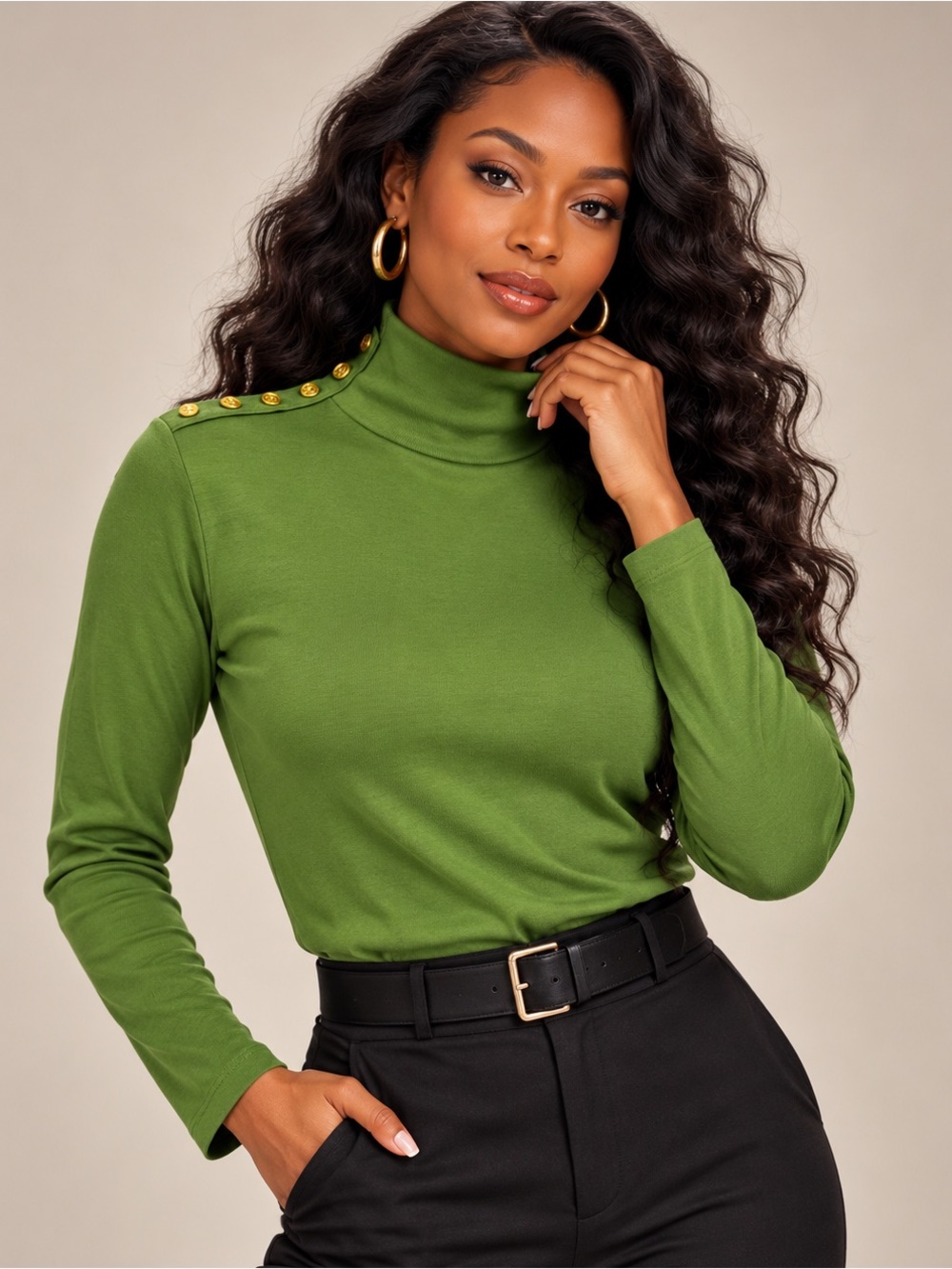 J.Crew Green Cotton Button Shoulder Turtleneck Top Large BK309